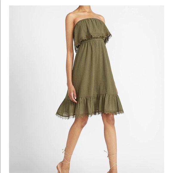 EXPRESS STRAPLESS LACE TRIM MIDI DRESS IN
OLIVE GREEN - Picture 1 of 4